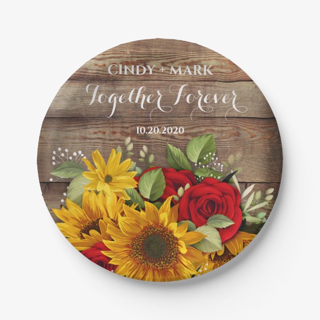 Assiettes En Carton Tournesol & Plaques de mariage Roses (Devant)
