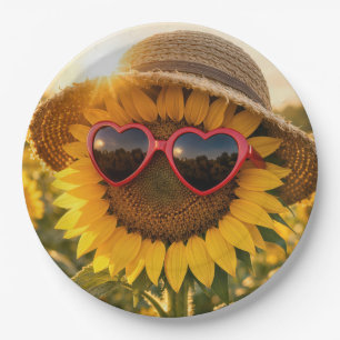 Assiettes En Carton Tournesol portant des lunettes de soleil et un cha