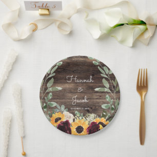 Assiettes En Carton Tournesol rustique et Mariage de bois Rose