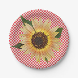 Assiettes En Carton tournesol sur plis rouge et blanc