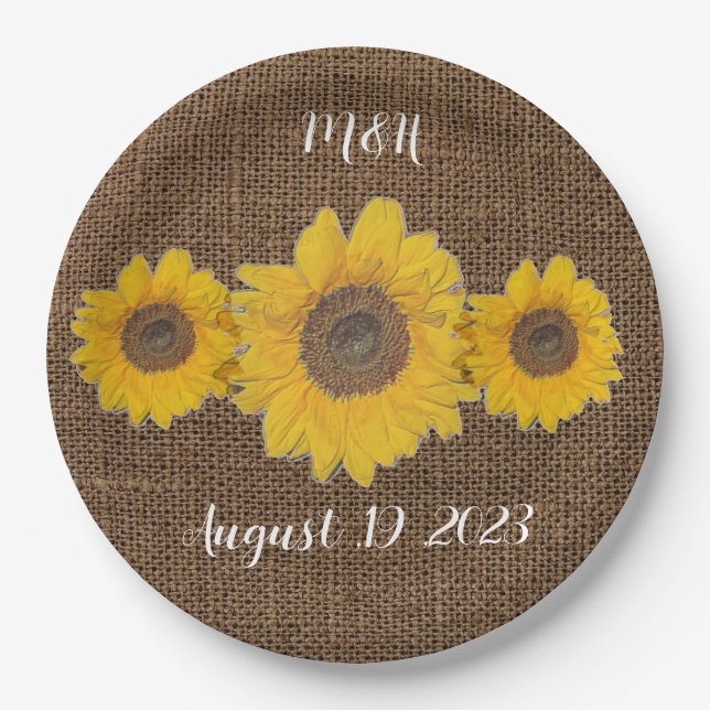 Assiettes En Carton tournesol trio en burlap look - mariage rustique (Devant)