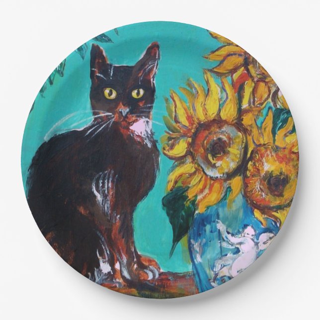 ASSIETTES EN CARTON TOURNESOLS AVEC CHAT NOIR EN BLEU TURQUOISE  (Devant)