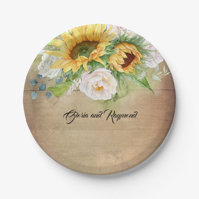 Assiettes En Carton Tournesols et roses blanches Chute rustique (Devant)