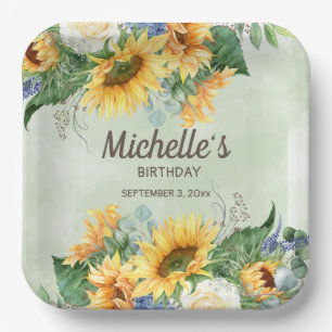Assiettes En Carton Tournesols Jaunes Eucalyptus Vert Anniversaire