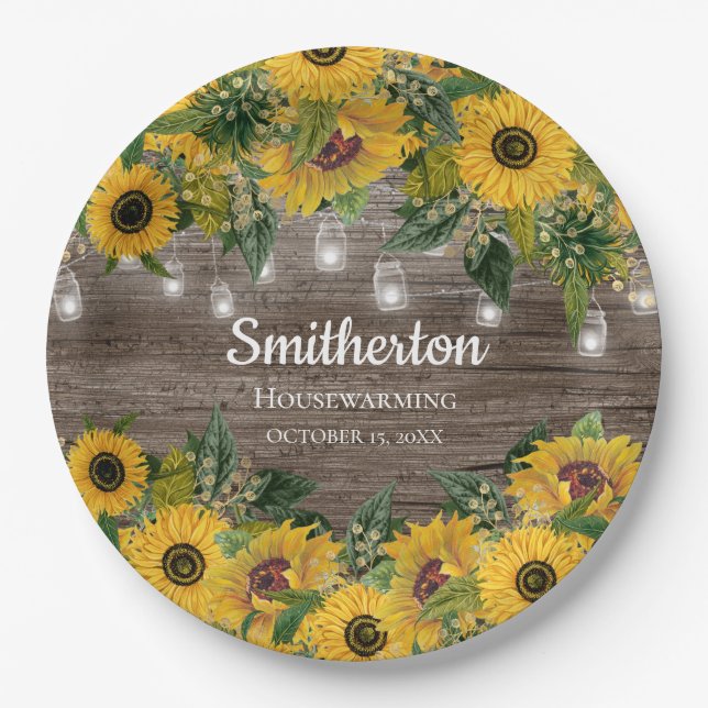 Assiettes En Carton Tournesols Rustique Chaîne de bois Lumières (Devant)
