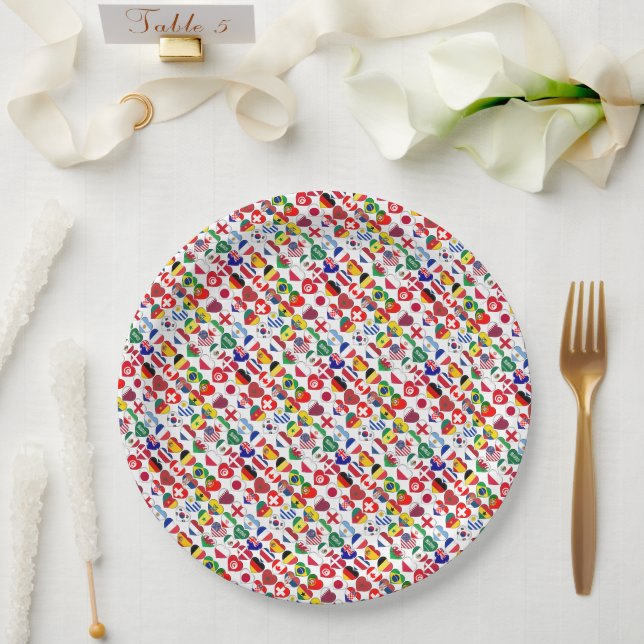 Assiettes En Carton Tournoi du Qatar 2022 32 Coeurs Pays Drapeaux (Mariage)