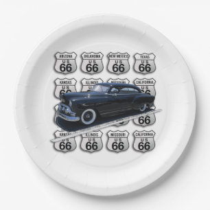 Assiettes En Carton Tous les panneaux de la Route 66 avec une voiture 