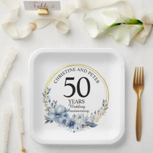 Assiettes En Carton Tout Mariage (50) Élégant Anniversaire Floral Bleu