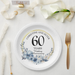Assiettes En Carton Tout Mariage (60) Élégant Anniversaire Floral Bleu