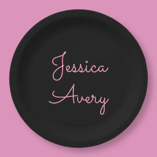 Assiettes En Carton Tout nom Script rose modifiable Cool sur noir