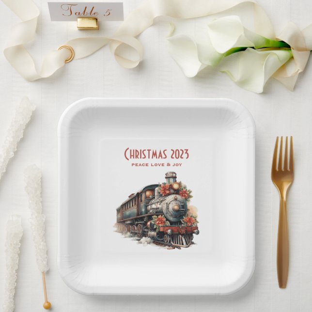 Assiettes En Carton Train à vapeur à l'ancienne Noël rétro (Mariage)