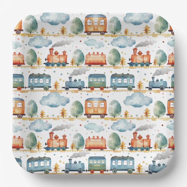 Assiettes En Carton Train Anniversaire Baby shower de fête (Recto)