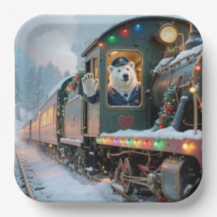 Assiettes En Carton Train de Noël vintage avec ours polaire agitant