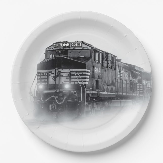 Assiettes En Carton Trains de train noir et blanc (Devant)