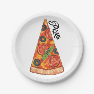 Assiettes En Carton Tranche de pizza italienne avec tomates et olives 