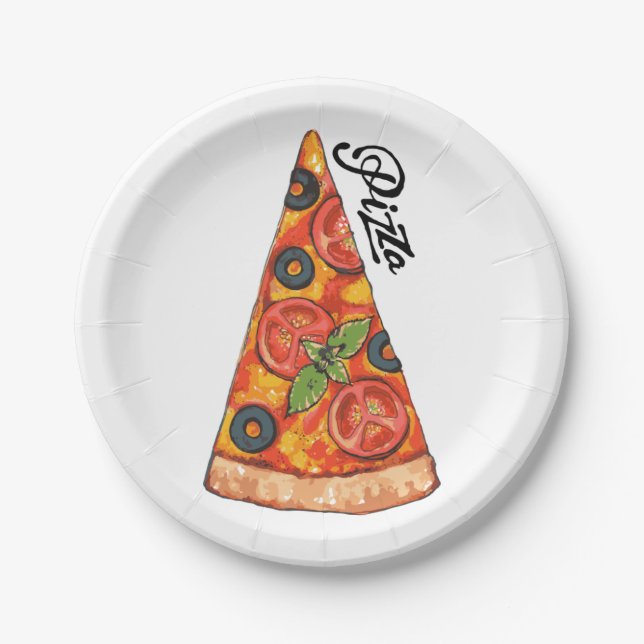 Assiettes En Carton Tranche de pizza italienne avec tomates et olives  (Devant)