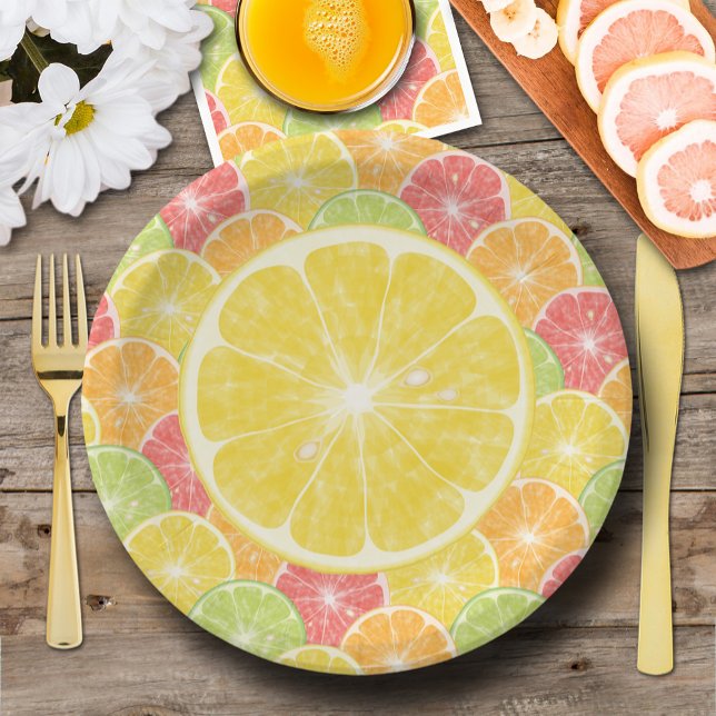 Assiettes En Carton Tranches Citrus citron (Lemon Citrus Slices Paper Plates, fun for breakfast, brunch, dessert, 2 sizes)
