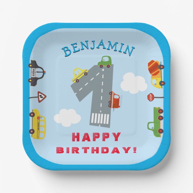 Assiettes En Carton Transport 1er anniversaire fête (Recto)