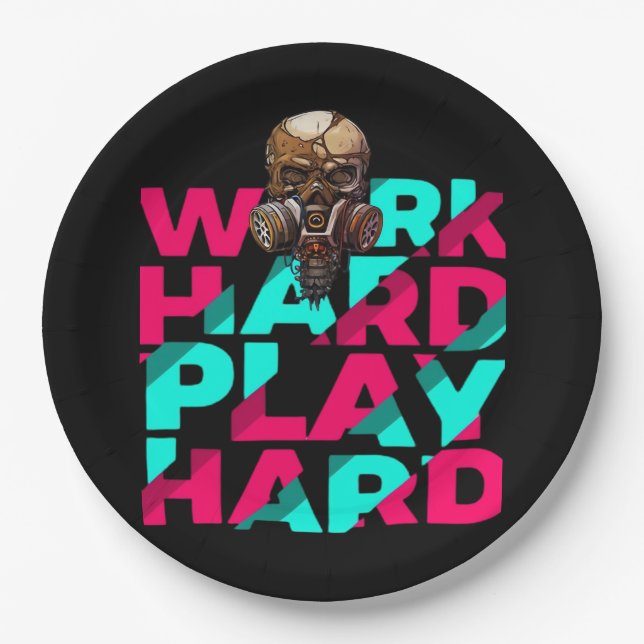 Assiettes En Carton Travailler dur Jouer dur Motivation crâne dur Esse (Devant)