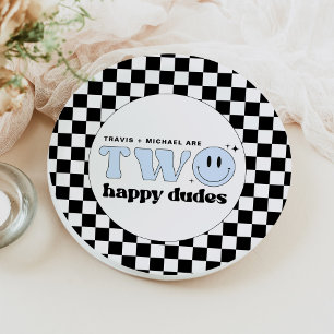Assiettes En Carton TRAVIS Blue Deux heureux mecs sourient visage anni