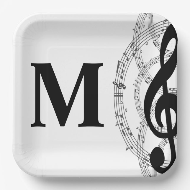 Assiettes En Carton treble clef musique note musicien monogramme carré (Recto)