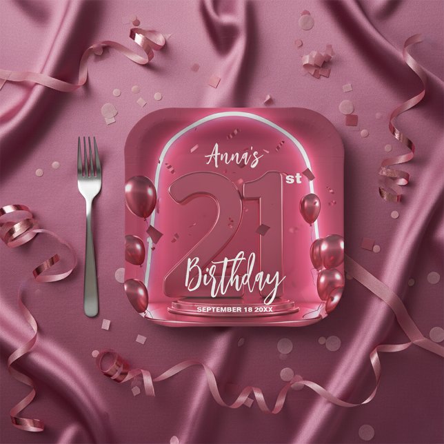 Assiettes En Carton Trendy Chic Vibrant Hot Pink Neon 21st Birthday (Créateur téléchargé)