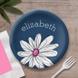 Assiettes En Carton Trendy Daisy Floral Illustration - navy and pink