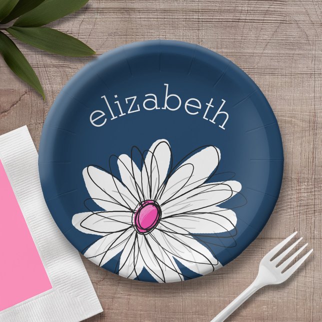 Assiettes En Carton Trendy Daisy Floral Illustration - navy and pink (Personalized party plate with area for name - whimsical daisy )