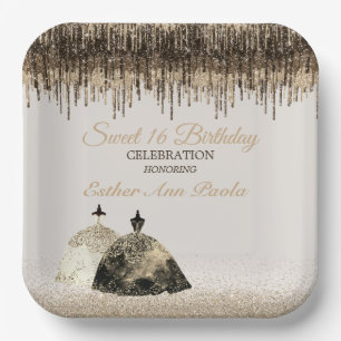 Assiettes En Carton Trendy Gold Ball Gown Sweet 16 Birthday Spark Drip