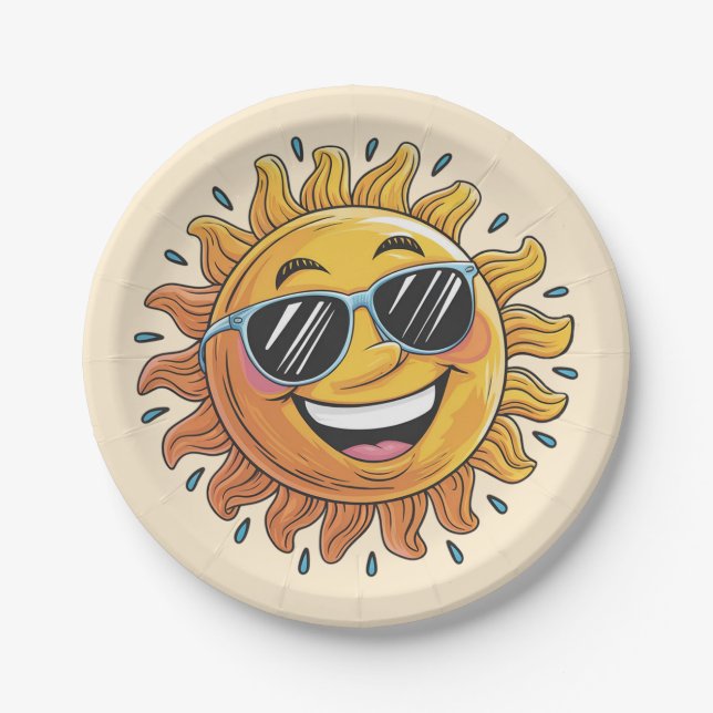 Assiettes En Carton Trendy Happy Yellow Sun with Sunglasses   (Devant)