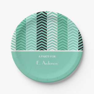 Assiettes En Carton Trendy Mint Green Chevron Stripes Avec Nom