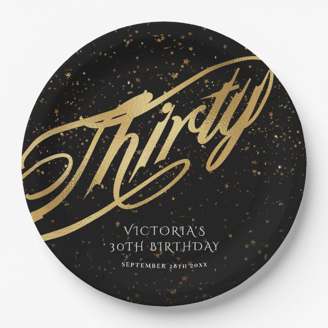 Assiettes En Carton Trente-30e anniversaire Gold Noir Confetti élégant (Devant)