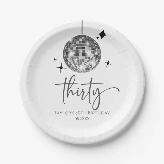 Assiettes En Carton Trente Silver Disco Ball 30e fête d'anniversaire (Devant)