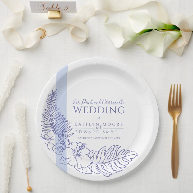 Assiettes En Carton Très peri bleu tropical ligne art mariage  (Mariage)