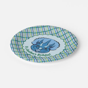 Assiettes En Carton Tricératops Cute Blue Dinosaur sur Plaid