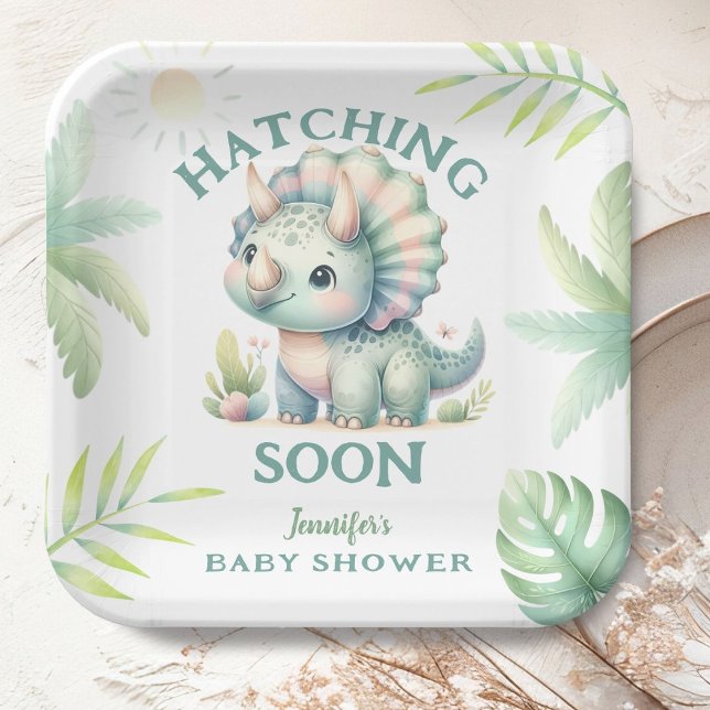 Assiettes En Carton Tricératops de Dinosaur Baby shower vert Cute Dino (Créateur téléchargé)