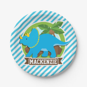 Assiettes En Carton Tricératops Dinosaur ; Grandes Bleues Et Blances C