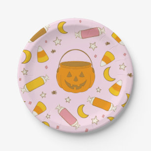 Assiettes En Carton Trick d'Halloween ou bonbon de traitement (rose)