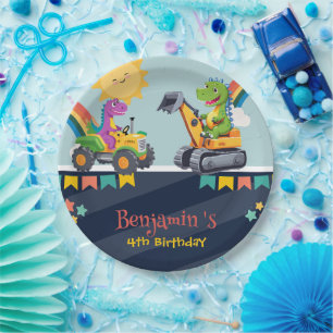 Assiettes En Carton Tricolore char dinosaure char Rainbow ballon HBD