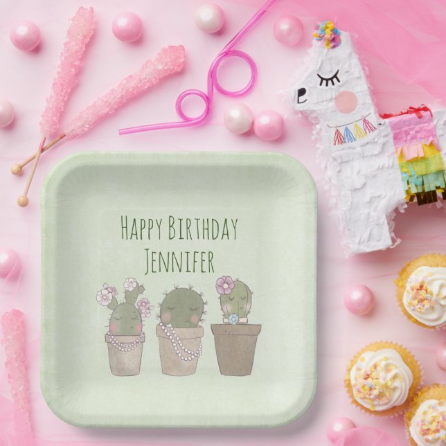 Assiettes En Carton Trio Cactus mignonne portant bijoux Anniversaire (Fête)