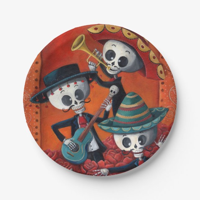 Assiettes En Carton Trio de mariachi de Dia de Los Muertos Skeleton (Devant)