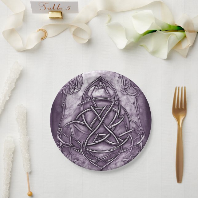 Assiettes En Carton Triquetra Trinity Knot Lavender Purple Faux Métal (Mariage)