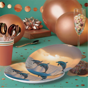 Assiettes En Carton Trois Dauphins Tournant Au Coucher Du Soleil,