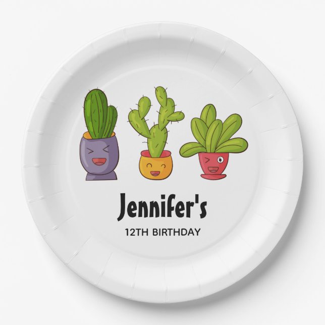 Assiettes En Carton Trois mignons cactus dans des pots de fleurs Amusa (Devant)