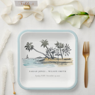 Assiettes En Carton Tropical Beach Palm Tree Sketch Mariage d'aquarell
