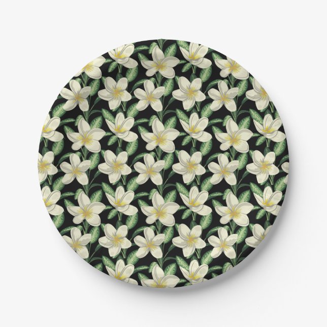 Assiettes En Carton Tropical continu motif fleurs blanches feuille ver (Devant)