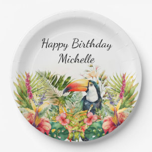 Assiettes En Carton Tropical Floral Toucan Joyeux Anniversaire Nom