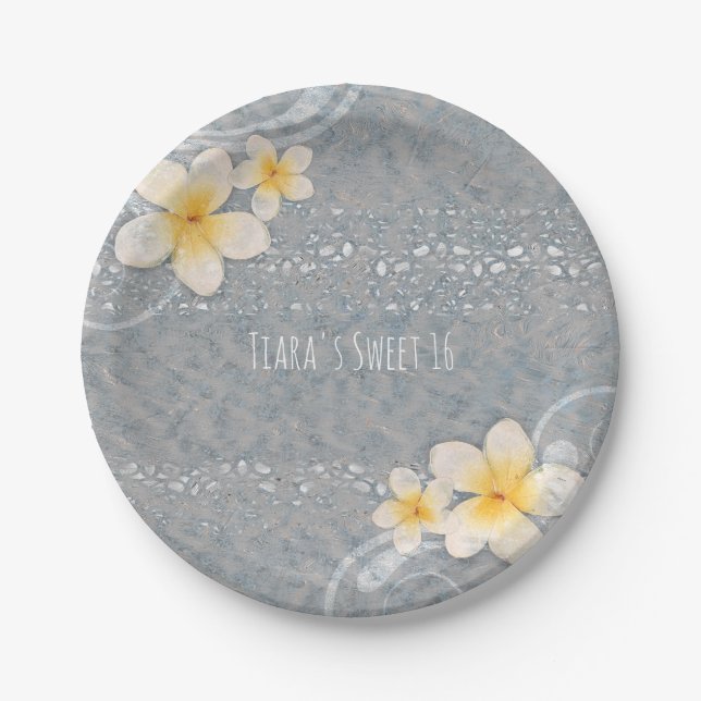 Assiettes En Carton Tropical Plumeria Fleur Grey Jaune Summer Party (Devant)