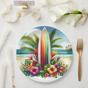Assiettes En Carton Tropical Surfboard The Big ONE 1ère Fête d'Anniver
