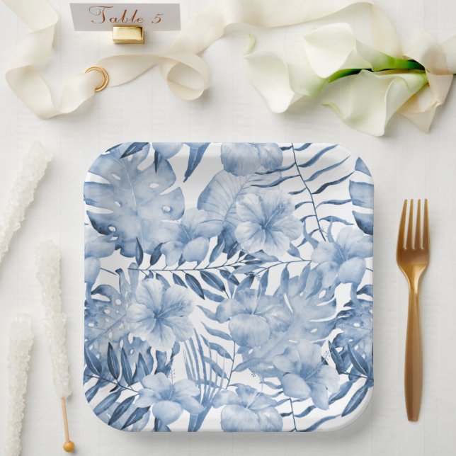 Assiettes En Carton Tropical violet bleu Feuille Fête des mariées (Mariage)